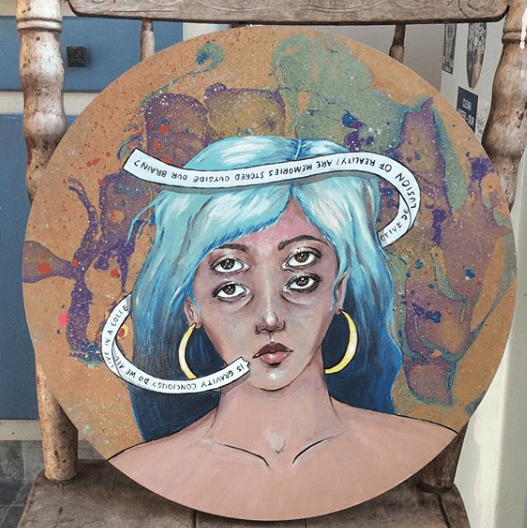 Thoughts, acrylic, aerosol and nail polish on wood, 2018