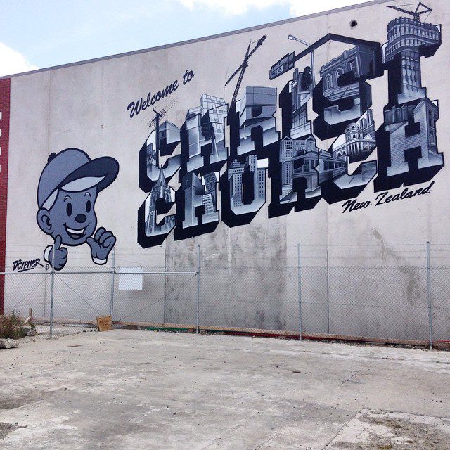 Dcypher's Welcome to Christchurch wall, for Oi YOU!'s Spectrum festival, Welles Street, 2015 (photo credit: Dcypher)