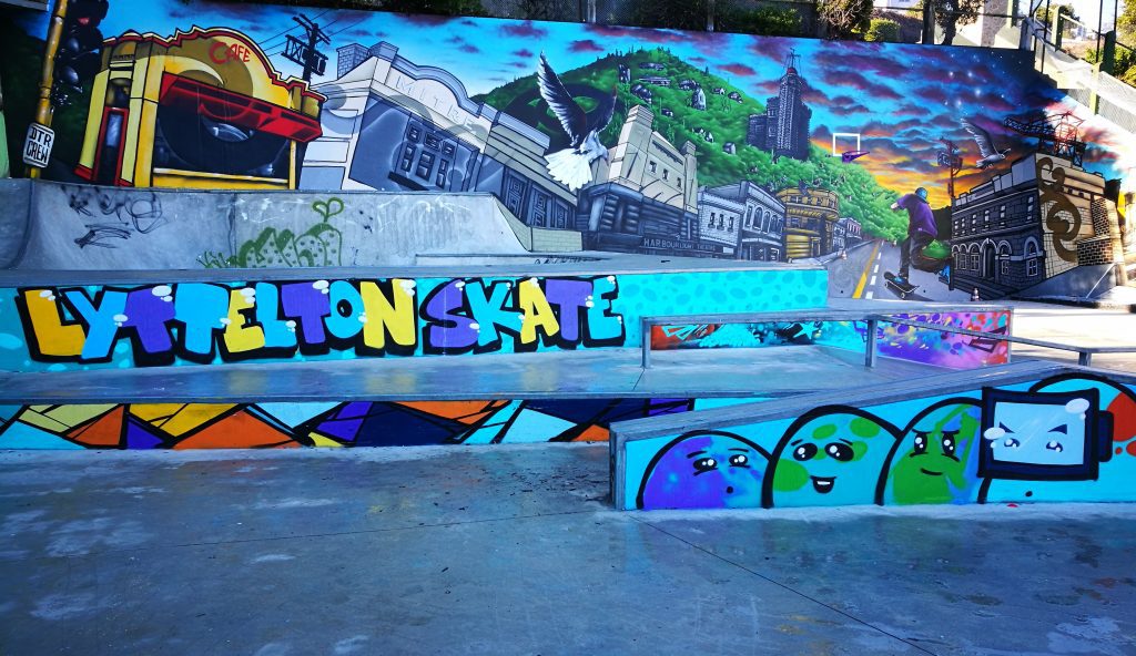 Section of the DTR crew (Dcypher, Ikarus, Yikes, Wongi) collaboration for the Lyttelton Skate Park, 2018. 