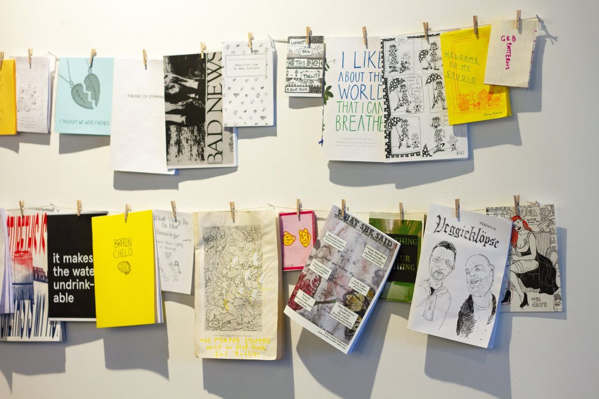 The Christchurch/Otautahi Zine Library display in CoCA's Lux Espresso Gallery, August 2018