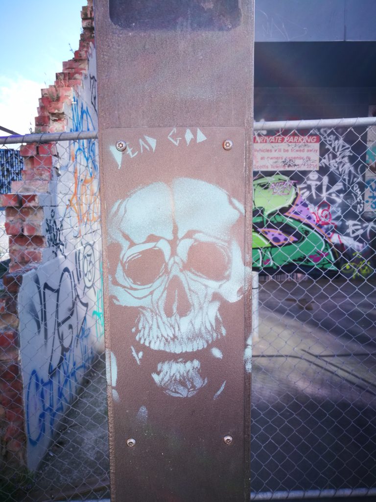 Dead God stencil, central city, Christchurch