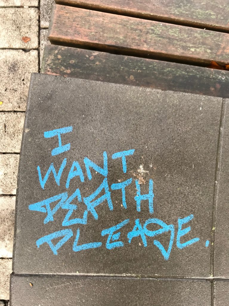 Blue graffiti styled writing declaring "I want death please" on an urban surface. 