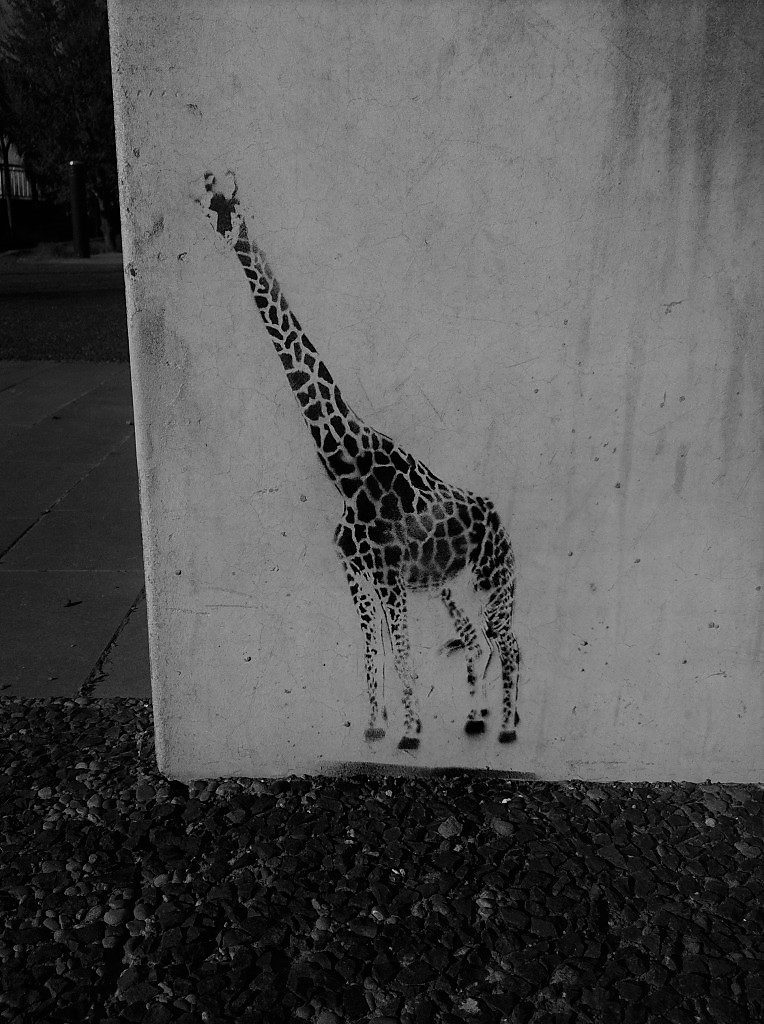 A stencil of a small giraffe on a concrete wall