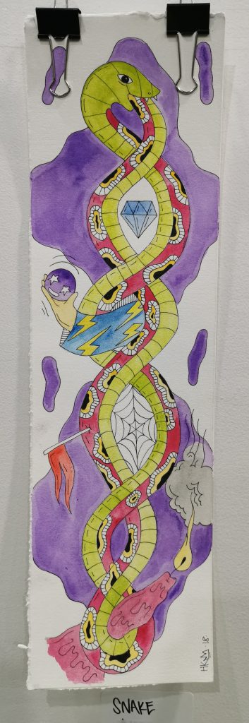 A watercolour painting on paper of a snake wrapped around itself with tattoo styled elements and bright colours 