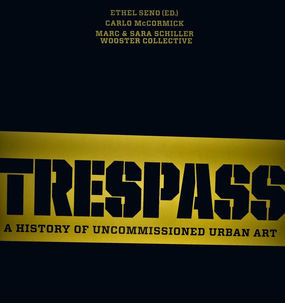 The cover of the book Trespass, featuring a yellow and black design and stencilled font