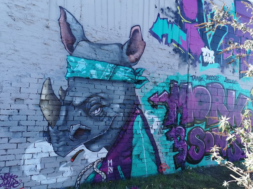 YSEK's rhino character from the New Brighton Outdoor Art Festival traditional graffiti wall.