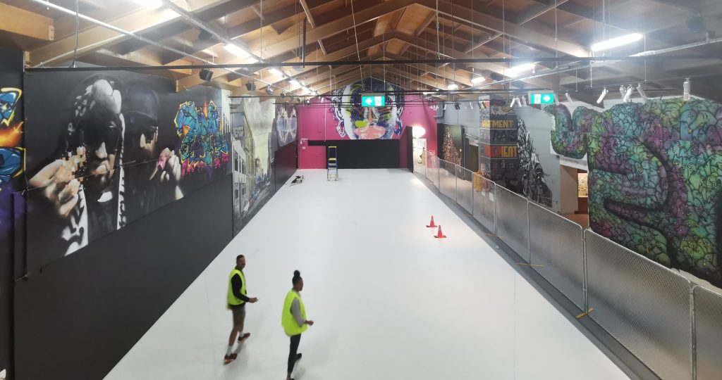 The floor space inside the Canterbury Museum as the artist prepares to install Motutapu II.